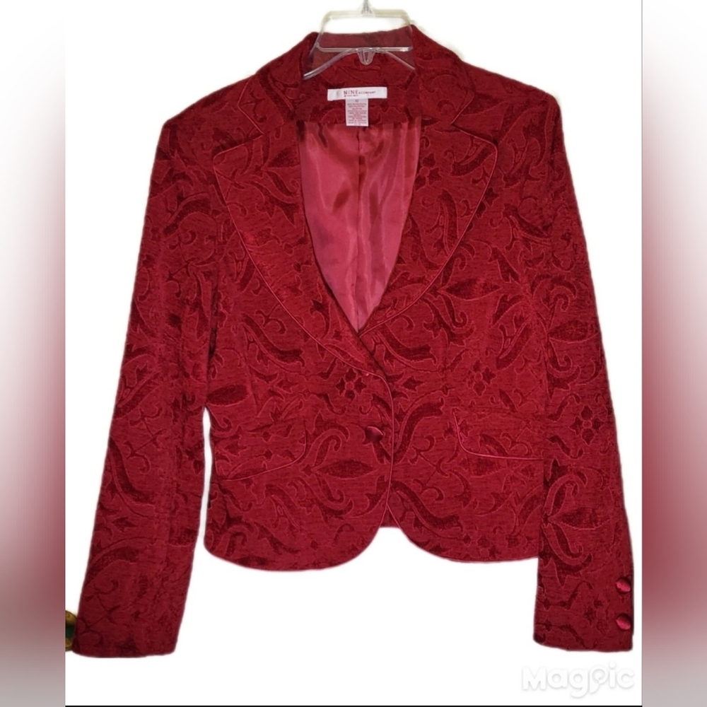 Nine & Company Holiday  Red Satin Lined Jacquard Blazer Coat Size 12 Dressy